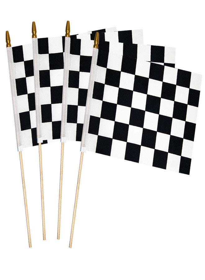 Uelfbaby 4 Pcs 8×12 inch Checkered Flag, Black and White Racing Flag on Wood Stick - Hand Held Stick with Kid-Safe Spear Top, Children's Party Decoration - Image 1